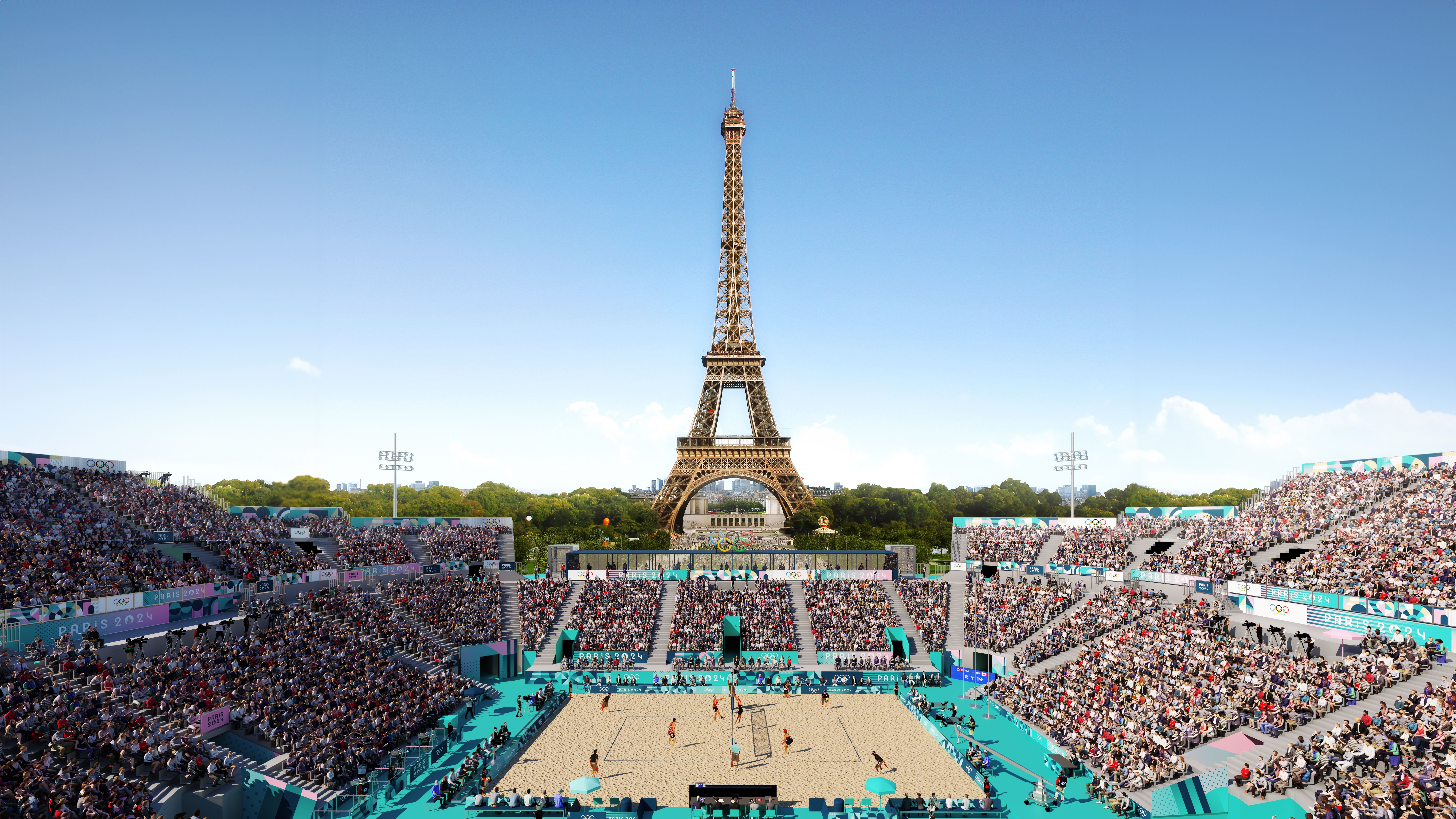 Das olympische Beach&shy;volley&shy;ball&shy;turnier wird vor der Kulisse des Eiffelturms auf dem Pariser Marsfeld stattfinden. Bild: Paris 2024