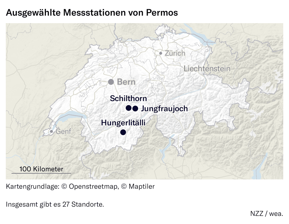 Karte zu Ausgewählte Messstationen von Permos