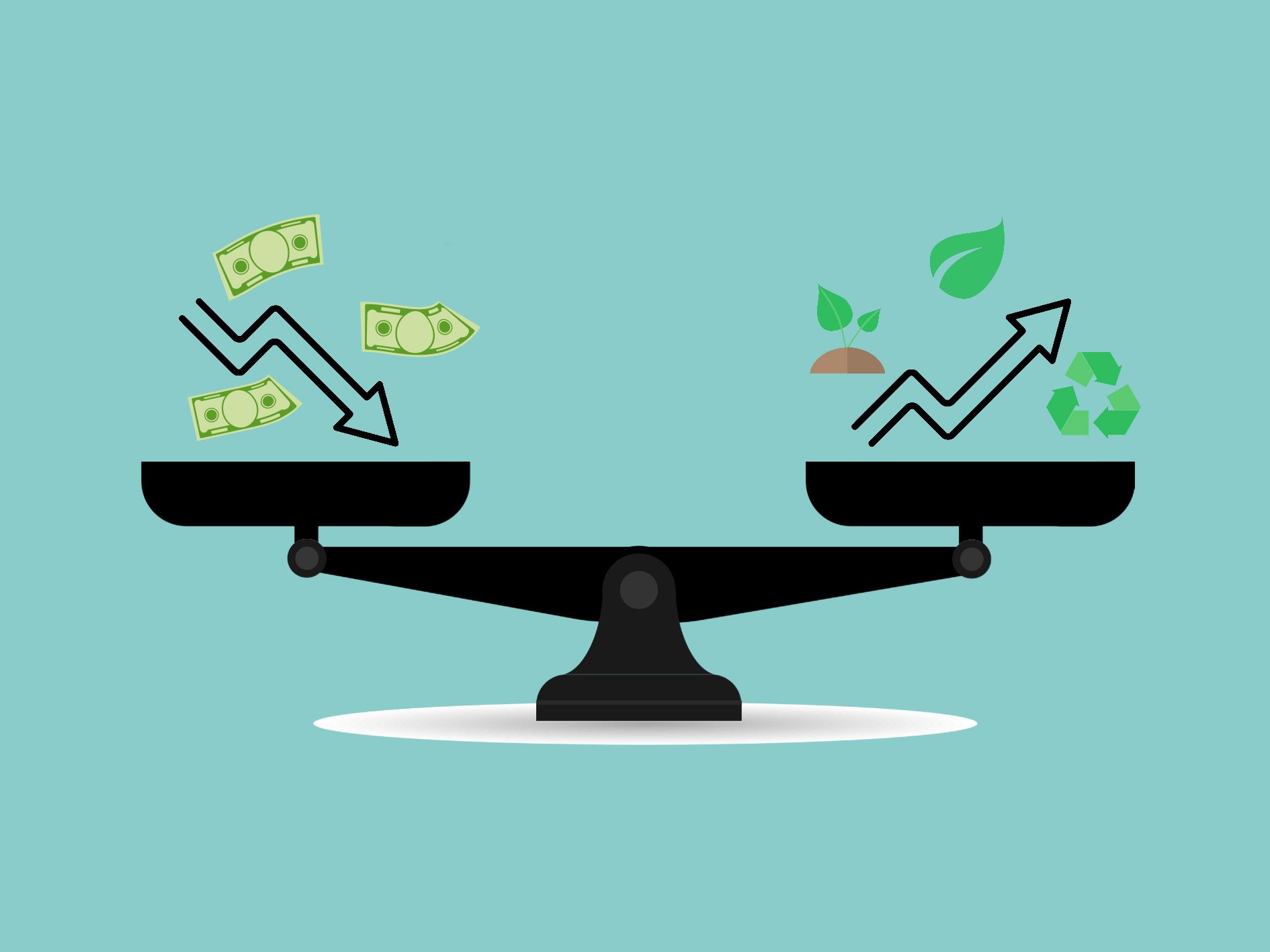 Eine Waage welches das Gleichgewicht zwischen ökonomischen Interessen und nachhaltigen Finanzierungspraktiken symbolisiert, während die Symbole(Geld & Natur) den Konflikt zwischen den beiden verdeutlichen.