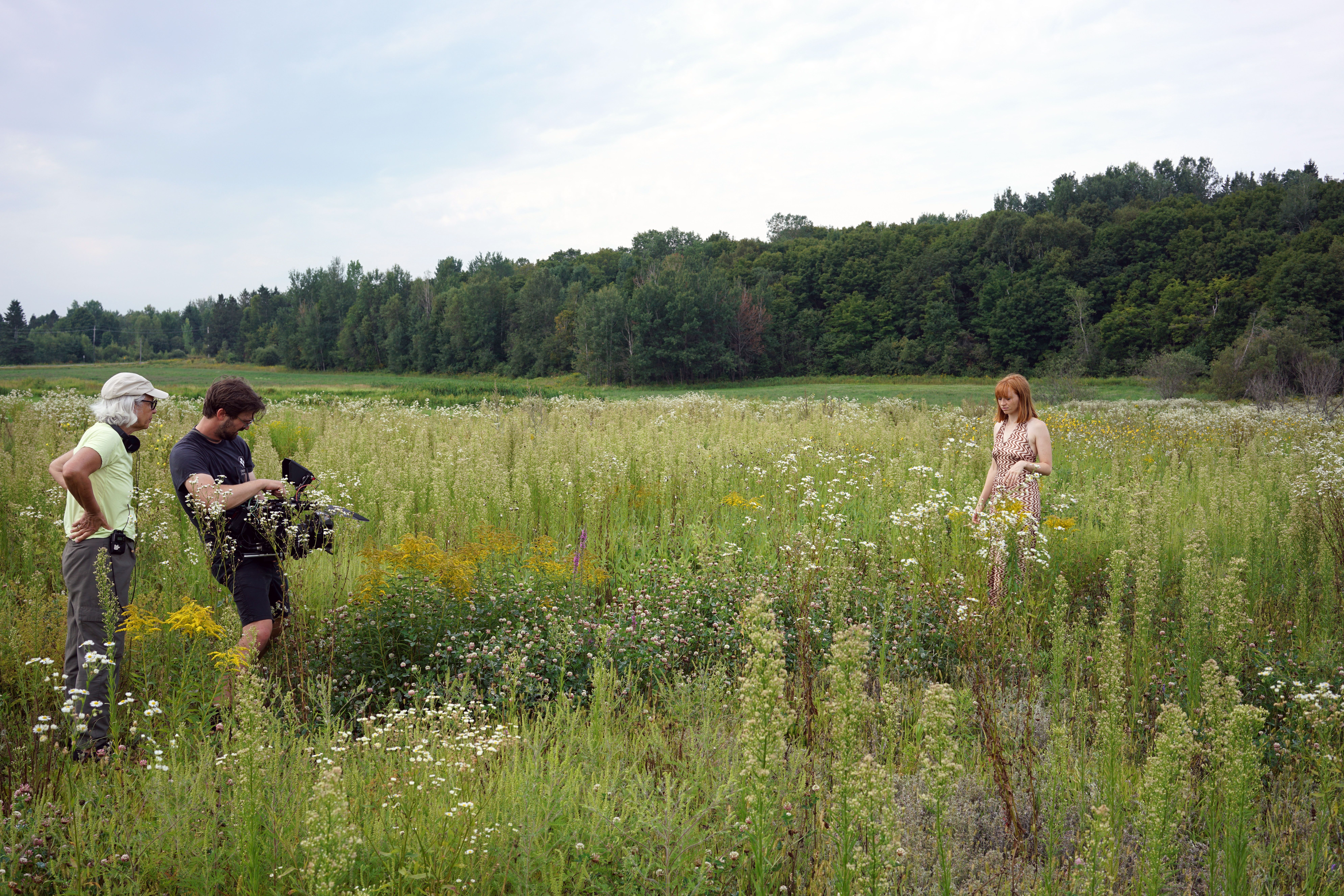 Zwei Personen filmen mit einer Kamera in einer blühenden Wiese; rechts steht eine Frau zwischen den Pflanzen. Im Hintergrund ein Waldsaum und heller Himmel.