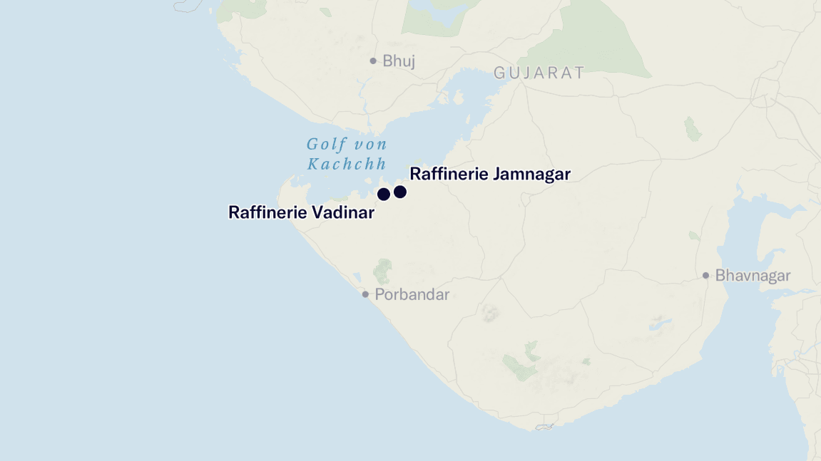 Die zweitgrösste Raffinerie in Indien, Vadinar, unweit der Jamnagar-Zwillingsraffinerien, gehört sogar zur Hälfte dem russischen Erdölkonzern Rosneft