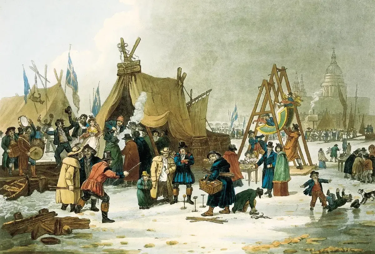 The Frost Fair: 1814 fand in London zum letzten Mal ein Jahrmarkt auf der zugefrorenen Themse statt. (Luke Clenell).