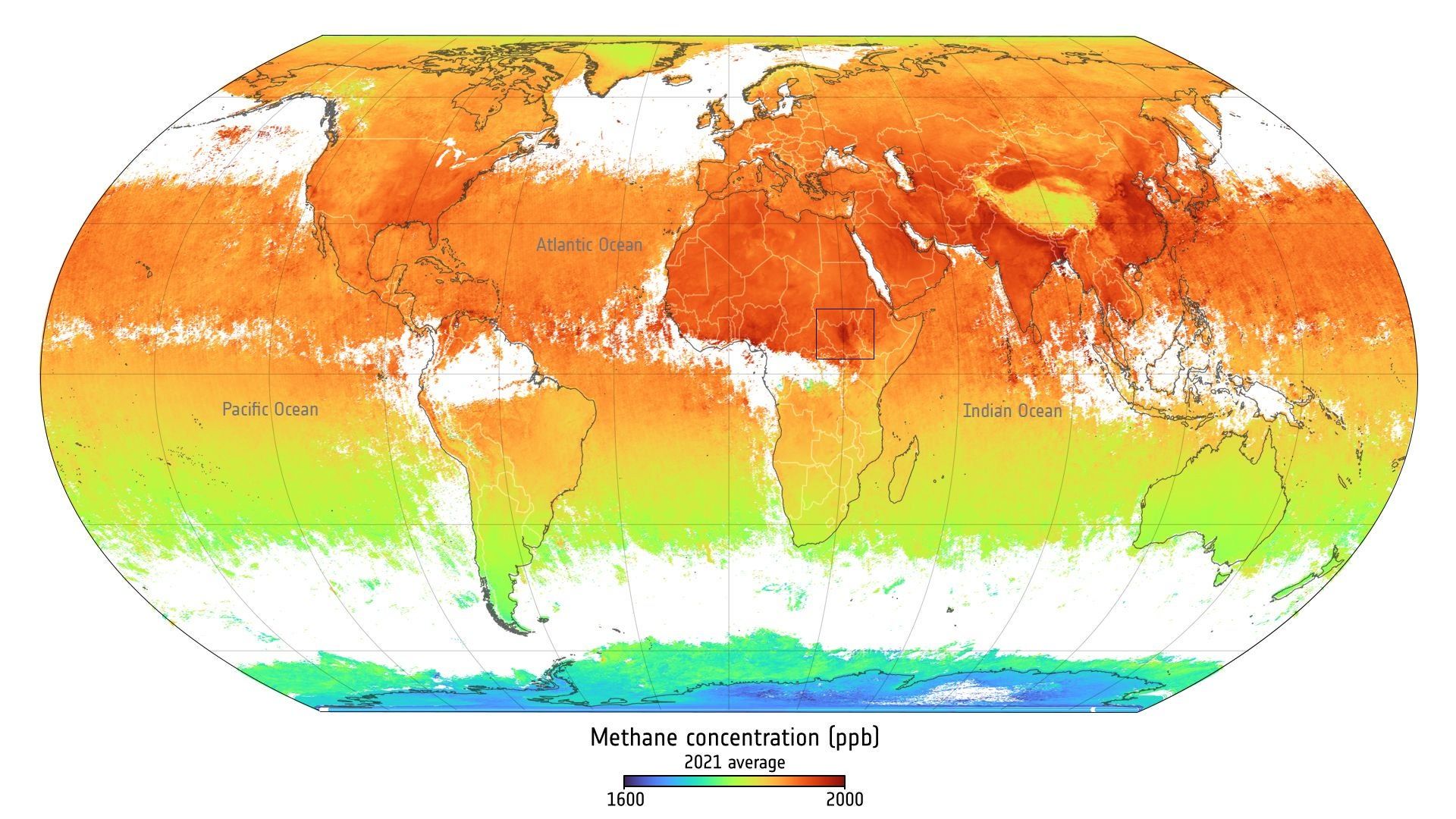 Die orange-rote Farbe zeigt an, wo im Jahr 2021 die Durchschnittswerte von Methankonzentrationen besonders hoch waren.