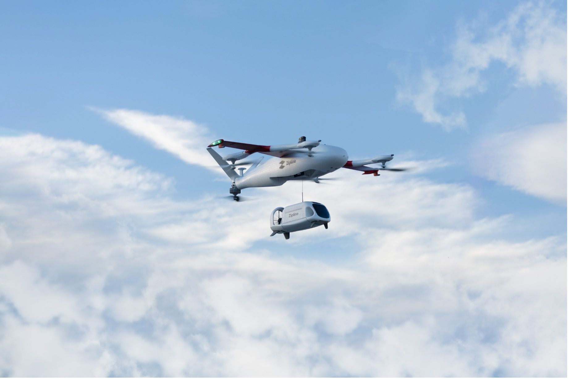 I droni dell'azienda californiana di robotica Zipline trasportano medicinali e scorte di sangue su larga scala.