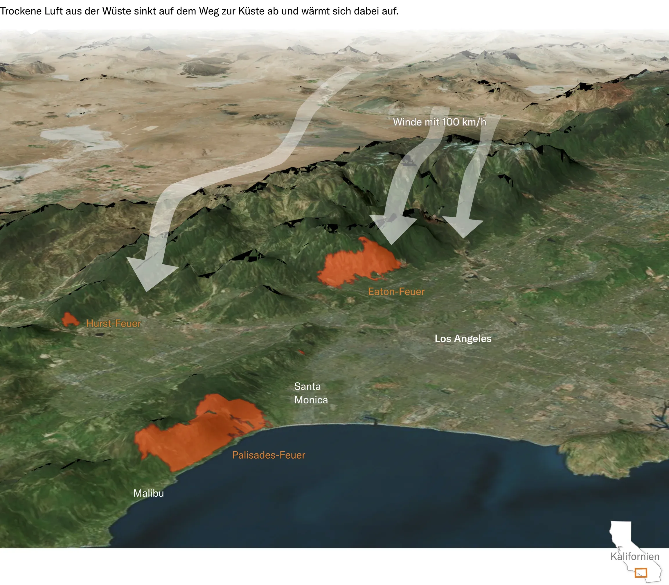 Grafik der Santa-Ana-Winde, die die Feuer rund um Los Angeles begünstigen