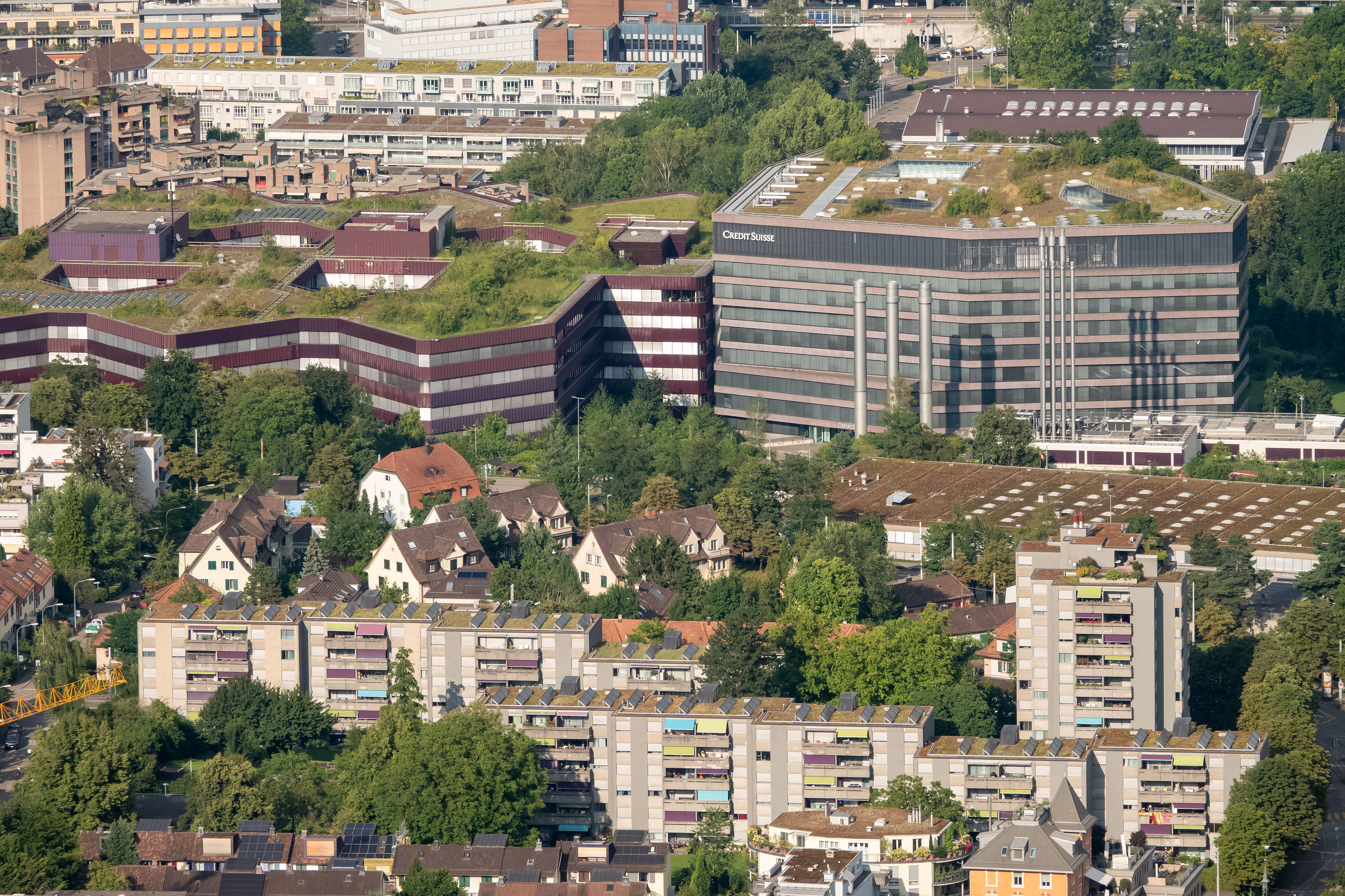 Blick auf begrünte Flachdächer in Zürich