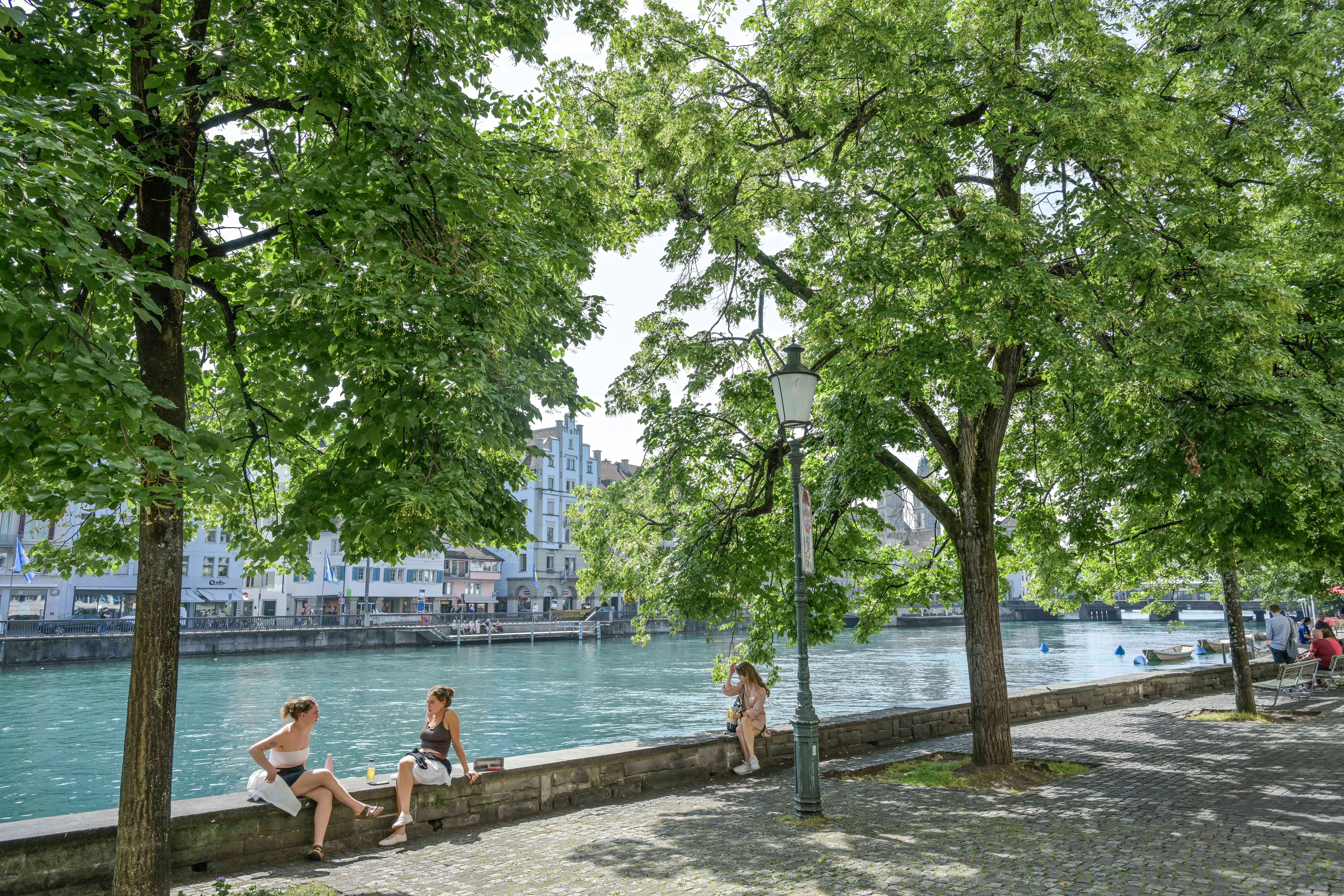Aussicht am Stadthausquai auf den Fluß Limmat, Zürich, Schweiz