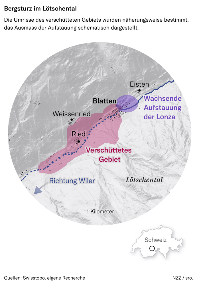 Kartenansicht zum Bergsturz in Blatten