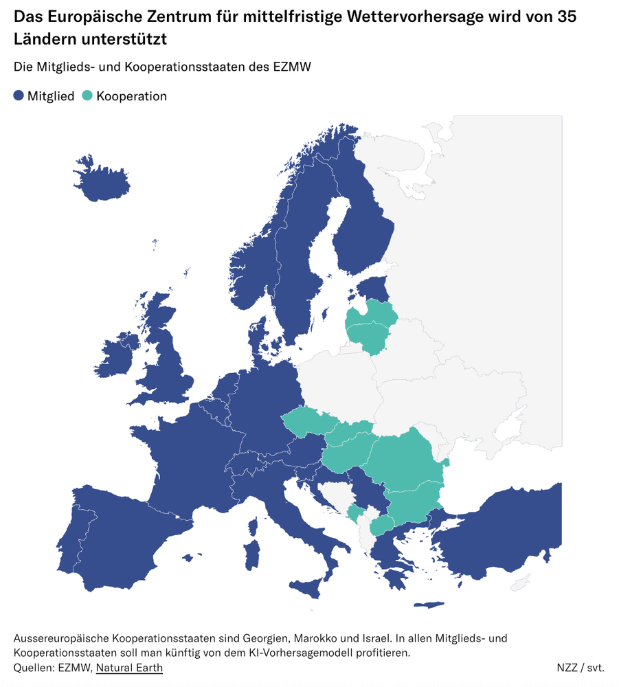 Karte: Das Europäische Zentrum für mittelfristige Wettervorhersage wird von 35 Ländern unterstützt