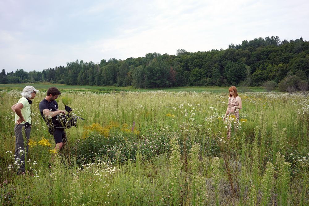 Zwei Personen filmen mit einer Kamera in einer blühenden Wiese; rechts steht eine Frau zwischen den Pflanzen. Im Hintergrund ein Waldsaum und heller Himmel.