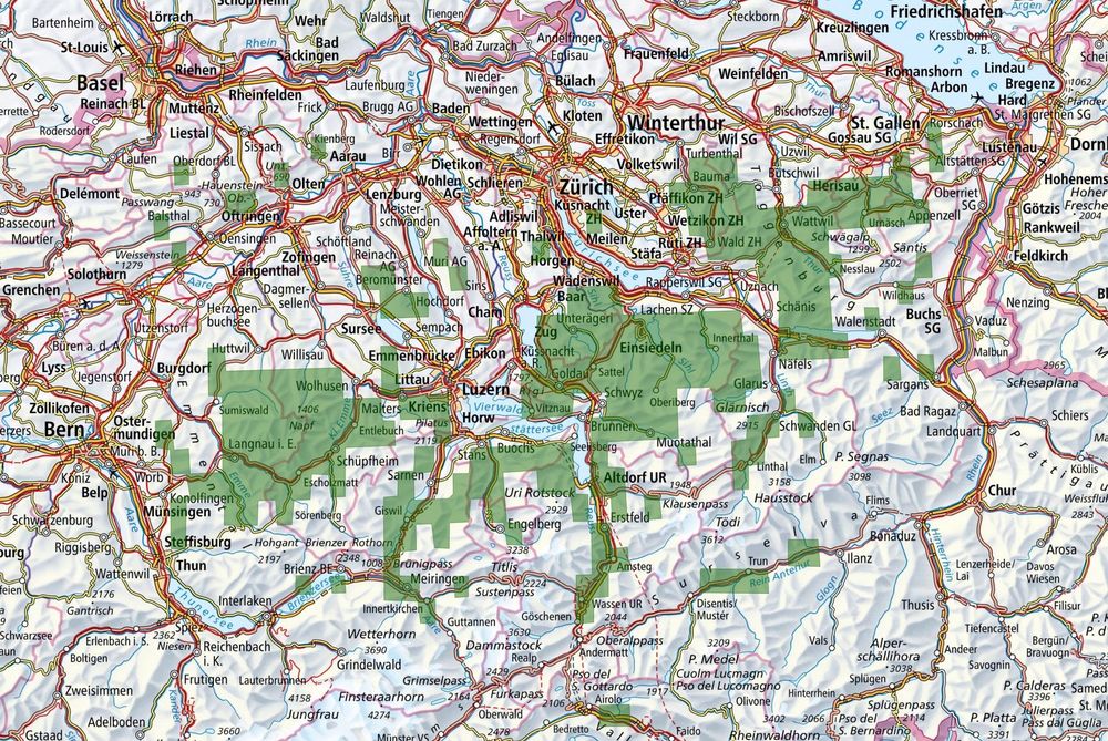 Die Daten aus DellaSalas Europakarte hat Atlant Bieri auf die Schweizer Karte übertragen. Grün eingetragen sind die potenziellen Regenwaldgebiete in der Schweiz.