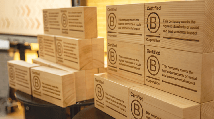 Immagine simbolica del blocco di legno con il logo B Lab