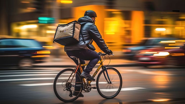 Ein Fahrradfahrer trägt auf dem Rücken eine Tasche mit dem Logo von esg2go