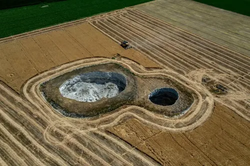 Ein Mähdrescher umfährt zwei Dolinen, während er auf einem Feld des Landwirts Fatih Sik Weizen erntet. 